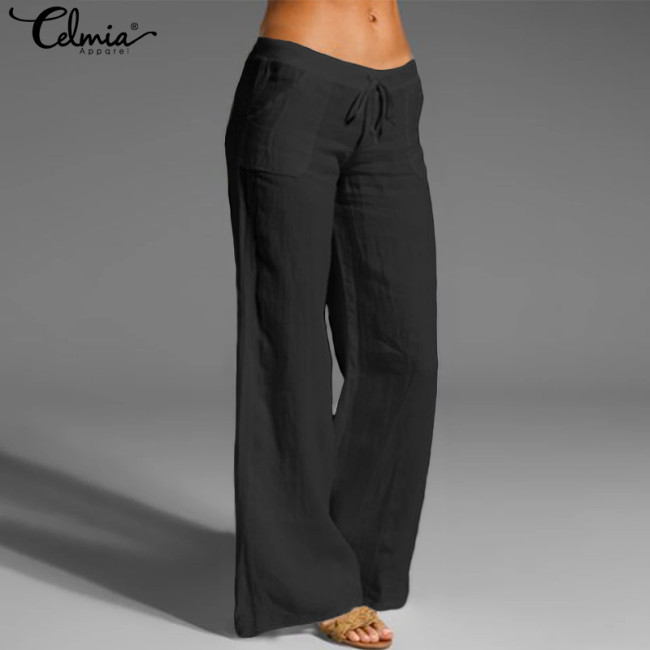Women Vintage Linen Long Trouser Casual Elastic Waist Solid Pantalon