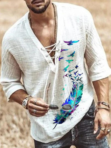 fashion belted flying bird T-shirt cotton linen shirt