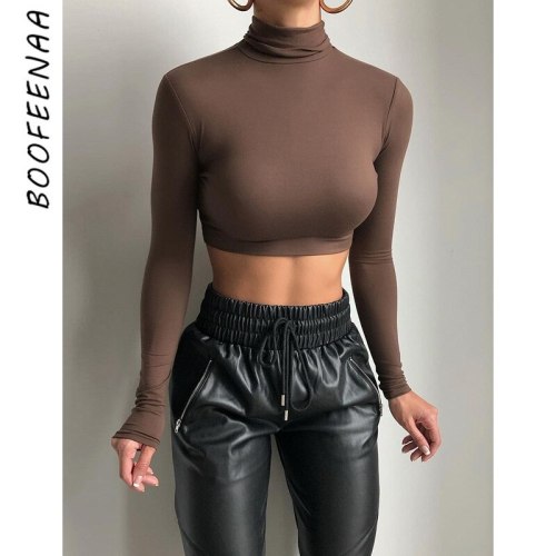 BOOFEENAA Solid Woman Tshirts Basic Casual Crop Tops Black White Brown Sexy Fitted Turtleneck Long Sleeve Shirt C83-AF16