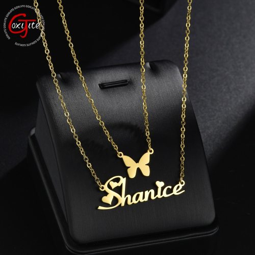 Goxijite Double Layer Name Necklace For Female Personalized Butterfly Initial Name 2 Layers Necklaces For Lover Jewelry Gift