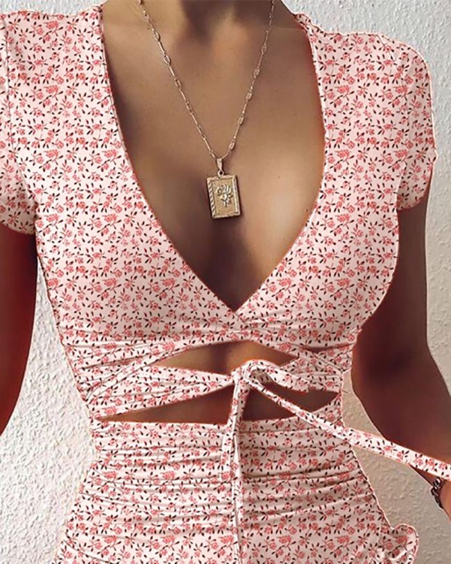Cryptographic Floral Print Fashion Tie Up Wrap Mini Dress 2021 Summer Holiday Ruffles Sundress Ruched Women's Dress Short Sleeve