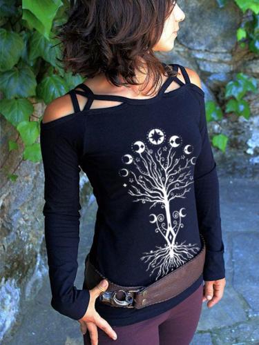 Ladies retro tree of life print off-shoulder cross strap top
