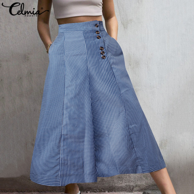 Women Retro Work Trousers Casual Buttons Loose Elegant Party Wide Leg Pants