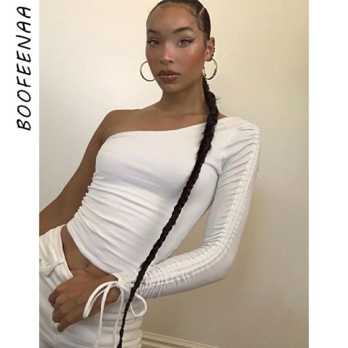 BOOFEENAA Drawstring One Shoulder Long Sleeve Crop Tops Streetwear 2020 Fall Fashion Woman Tshirts Sexy Womens Clothing C70-AE11
