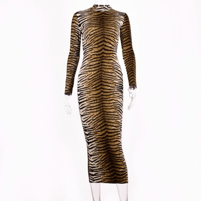 BOOFEENAA Tiger Animal Print Fashion Long Sleeve Bodycon Dress 2019 Fall Womens Clothing Sexy Night Club Party Dresses C70-AA07