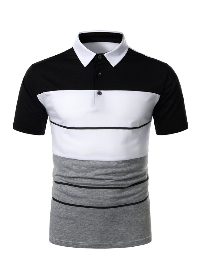 Men's Casual Striped Color Block Polo Shirt