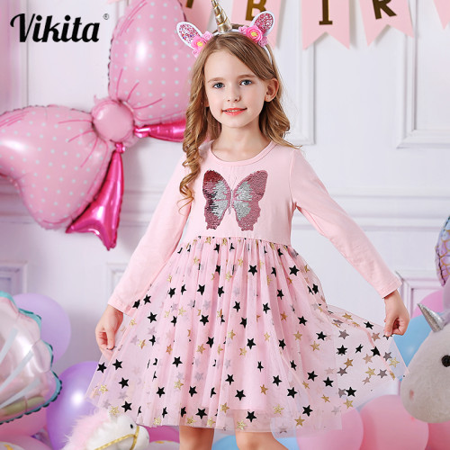 Butterfly Sequins Kids Long Sleeve Dresses Baby Girls Princess Dress