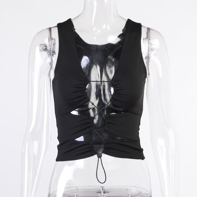 BOOFEENAA Sexy Summer Crop Top Women Streetwear Fashion Cut Out Drawstring Bandage Tank Tops 2021 White Black Blue C66-BF13
