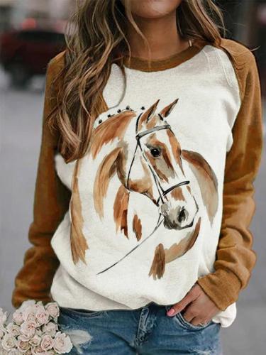 Ladies horse print round neck stitching long sleeve sweater