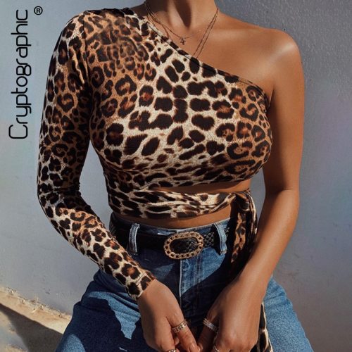 Cryptographic Sexy One Shoulder Cropped Tops Hollow out Leopard Print Lace up T-shirts for Women Slim Fashion Autumn Winter Tees
