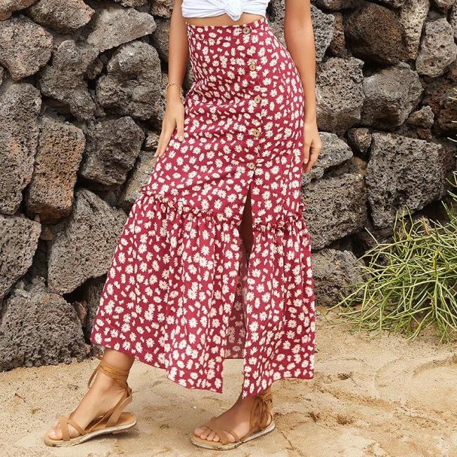 Spring and summer new French chiffon floral skirt female high waist mid-length daisy skirt female