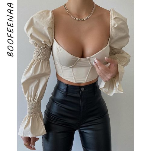 BOOFEENAA Square Neck Puffy Long Sleeve Crop Top Blouse Fall 2021 Sexy Trendy Shirts for Women Vintage Ladies Tee Shirts C83CE16