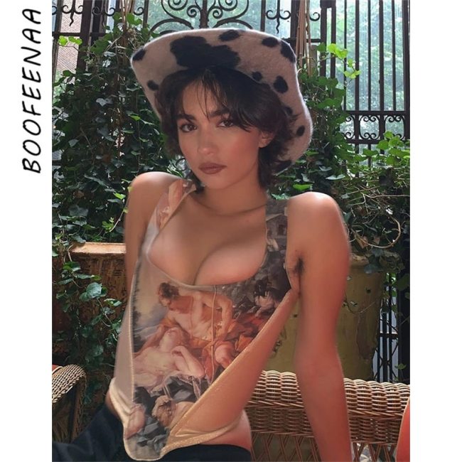 BOOFEENAA Y2k Aesthetic Print Sexy Corset Bustier Tops To Wear Out Party Club Wear Vintage Angel Crop Tank Top C85-BZ10