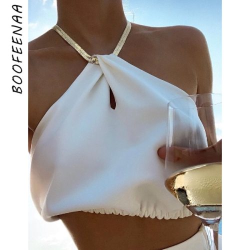 BOOFEENAA Metal Chain Halter Top Sexy Vacation Summer Clothes for Women Loose Backless Cute Crop Tank Tops 2021 C76-BI15