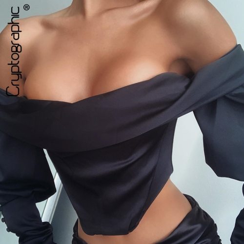 Cryptographic Off Shoulder Satin Black Women Tops and Blouses Shirts Elegant Stacked Sleeve Shirts Sexy Backless Top Cropped