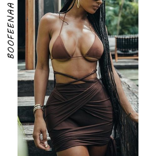 BOOFEENAA Strappy Lace Up Bandage Mini Skirt Brown Mall Goth Indie Aesthetic Sexy High Waist Skirts Women Summer 2021 C83-BB19