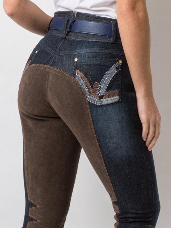 Women's Casual Stitching Printed Denim Riding Pants
