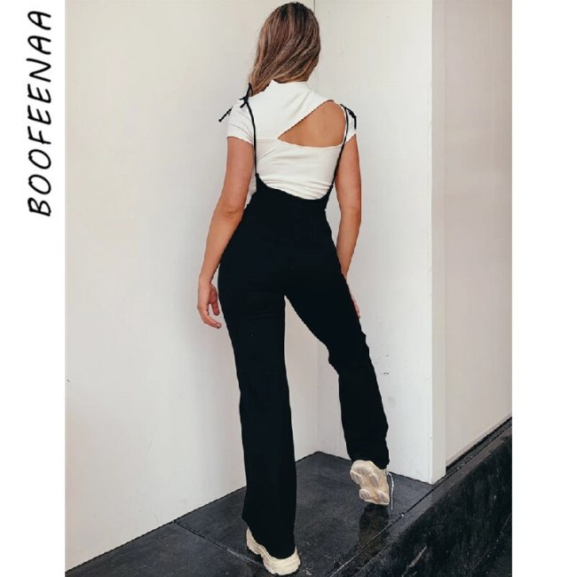 BOOFEENAA Black High Waist Wide Leg Pants Casual Lace Up Overalls Women Pant 2020 Summer Fashion Flare Trousers C34-AA27