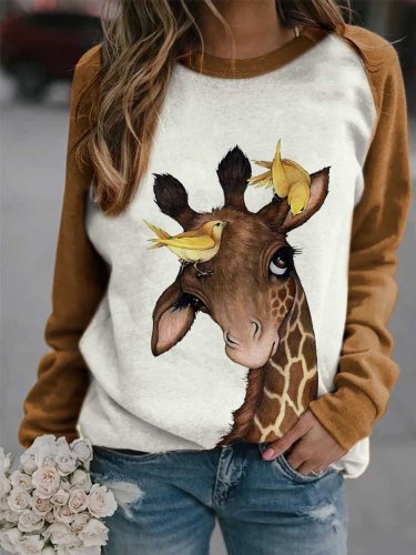 Women's Giraffe Bird Print Contrasting Sweatshirt