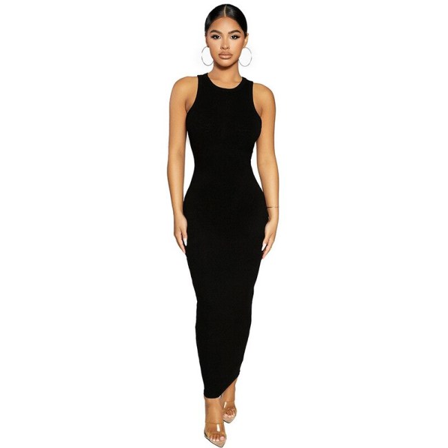 BOOFEENAA Fashion Round Neck Sleeveless Maxi Dresses for Women 2021 Fall Sexy Solid Color Knitted Bodycon Dress Clubwear C83BE31