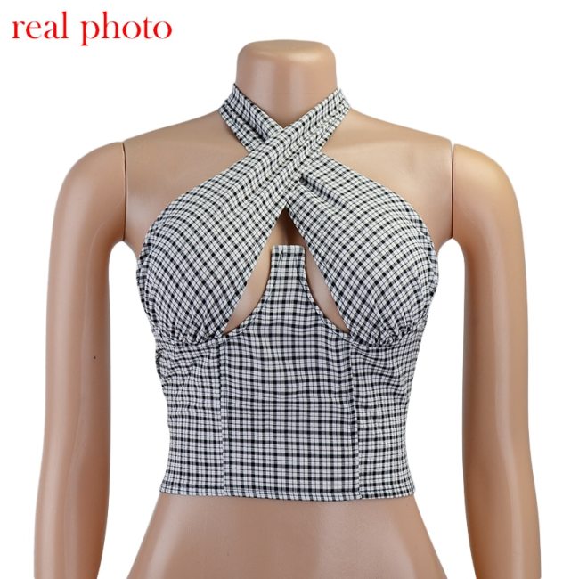 Cryptographic Fashion Plaid Cross Halter Sexy Cut-Out Crop Tops Women Sexy Backless Cropped Feminino Top Summer 2021 Streetwear