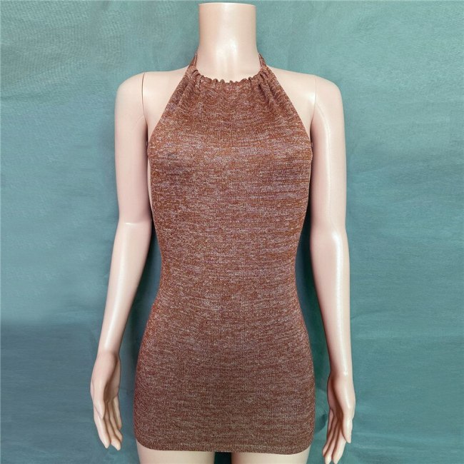BOOFEENAA Sexy Knitted Tank Dress 2021 Summer Clothes Vacation Club Outfits for Women Open Back Halter Mini Dresses C88-BI12