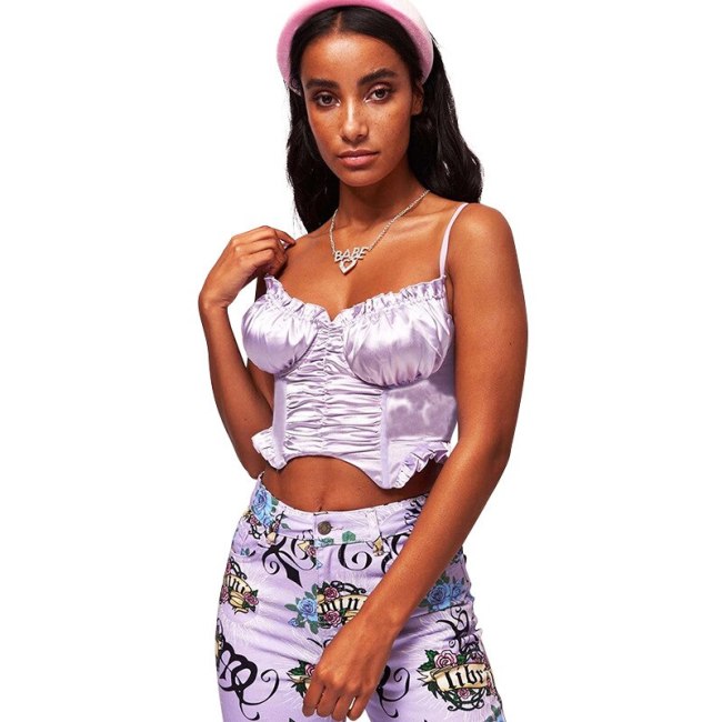 BOOFEENAA Purple Satin Sexy Crop Top Womens Clothing Ruched Smocked Ruffle Vintage Cute Bodycon Bustier Cami Tank Tops C71-I66