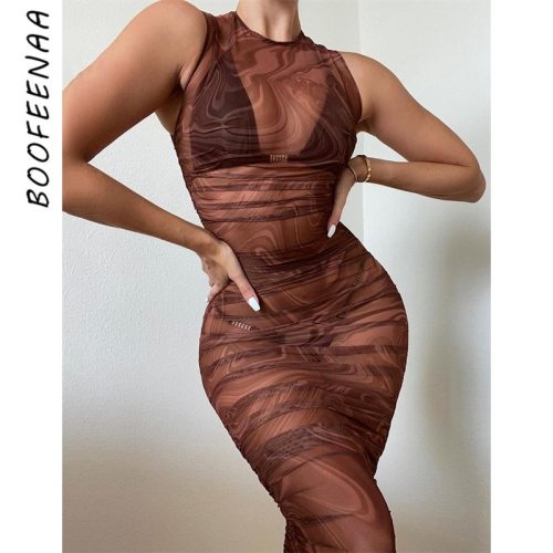 BOOFEENAA Sleeveless Bodycon Mini Dresses for Women Party Night Club Wear Sheer Mesh Printed Sexy Bandage Dress C92-BZ20