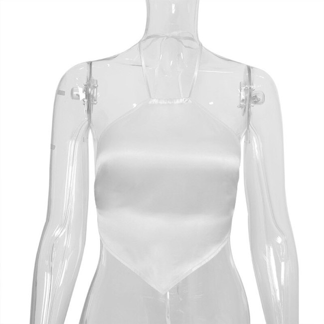 BOOFEENAA 2020 Summer White Satin Sexy Crop Tops Summer 2020 Diamond-shaped Underwear Women Open Back Halter Tank Top C85-AD10