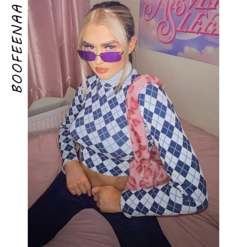 BOOFEENAA Y2k Knitted Blue Argyle Graphic T Shirts E Girl Style Vintage Turtleneck Long Sleeve Top Women Cropped Tee C70-BC21