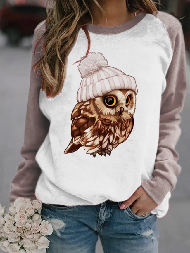 Women's Owl Print Long Sleeve Color Block Casual Sweatshirt