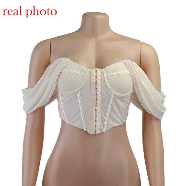 Cryptographic Mesh Bustier Corset Top Off Shoulder Strapless Crop Tops Cropped Women Sexy Backless Breasted Top Club Party