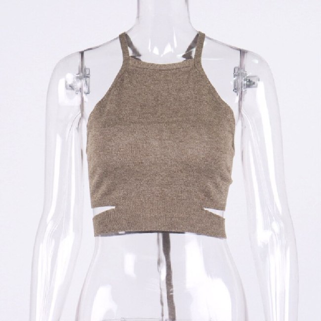 BOOFEENAA Sexy Brown Knitted Backless Halter Top Camisoles Resort Wear 2021 Cutout Cropped Sweater Vest Tank Tops C97-CB19