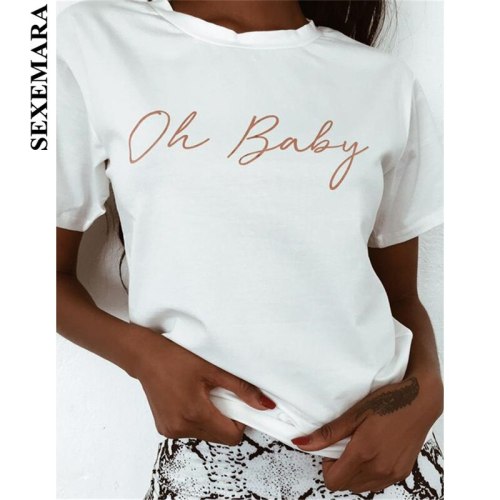 BOOFEENAA Letters Print O Neck Short Sleeve White T Shit Women Casual Loose Graphic Tees Cute Top Spring Summer 2019 C55-AZ13