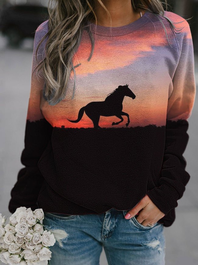 Women's Horse printed crew neck casual sweatshirt