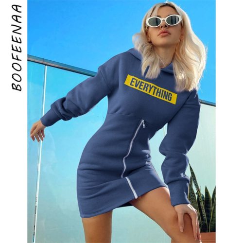 BOOFEENAA Letter Print Zip Down Fleece Lined Hooded Dress for Woman Casual Sexy Long Sleeve Bodycon Dresses Athleisure C70-CI39