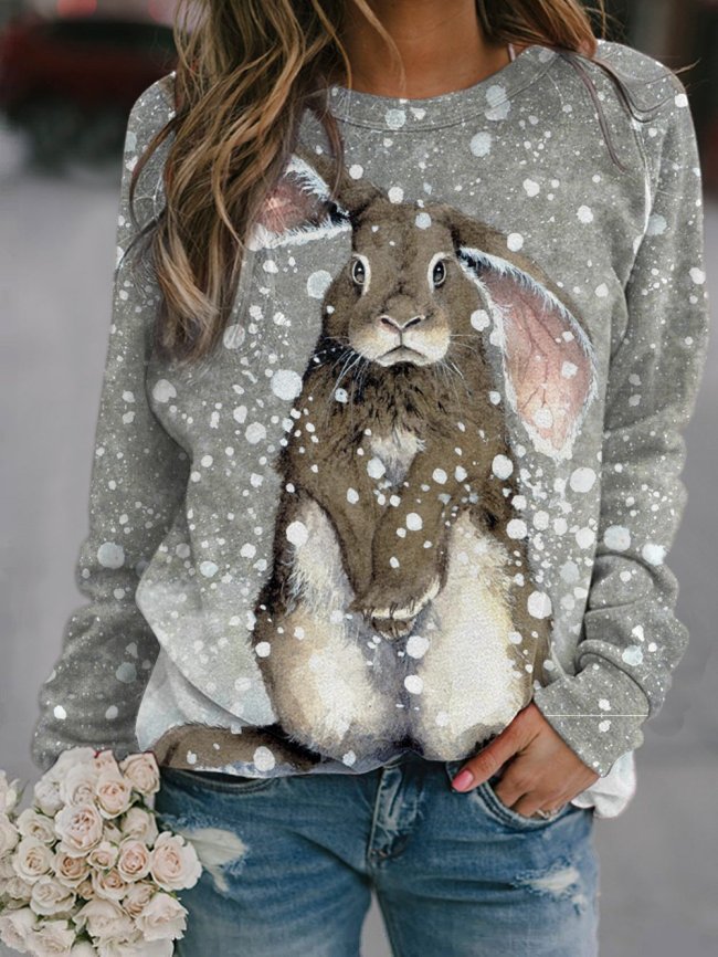 Women's Rabbit Print Crew Neck Sweatshirt In The Snow