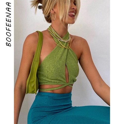 BOOFEENAA Y2k Green Knitted Cross Halter Backless Crop Top Women Clothes Cute Sexy Club Wear Bralette Tank Tops C83-BZ10