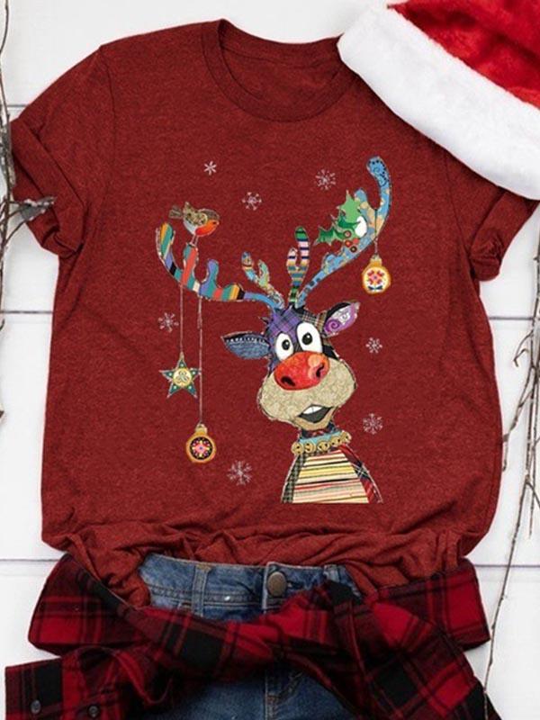 Ladies Christmas Elk Printed Short Sleeve Round Collar T-shirts