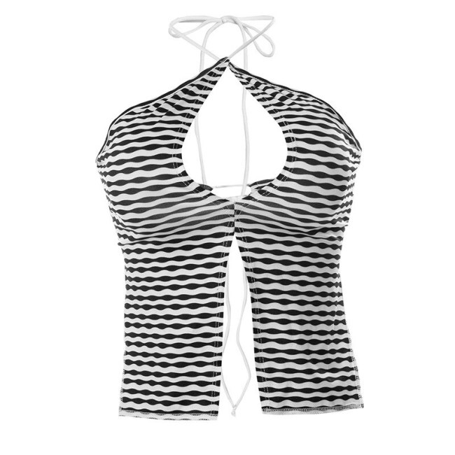 BOOFEENAA Black and White Striped Cute Tank Tops for Women Y2k Clothes Sexy Summer Hollow Out Backless Halter Crop Top C85-AD10