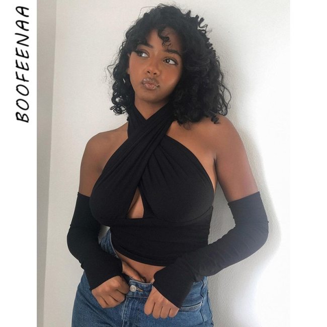 BOOFEENAA Sexy Cross Halter Backless Crop Tops Women Street Fashion Black Blue Woman Tshirts with Gloves Spring 2021 C66-BG19