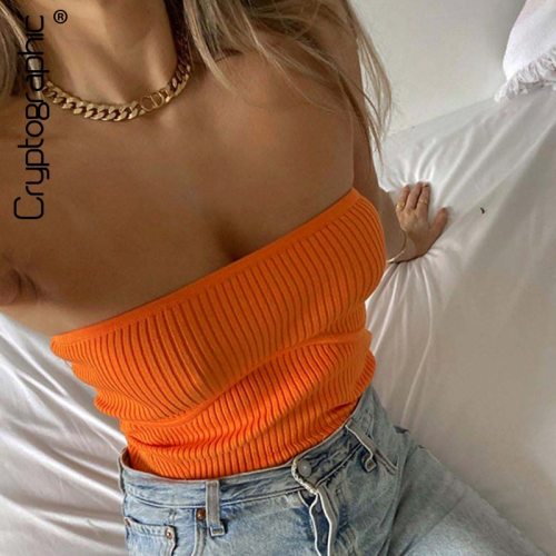 Cryptographic Orange Sexy Strapless Off Shoulder Tops for Women Sleeveless Backless Knitting Cropped Tops Slim Basic Club Party
