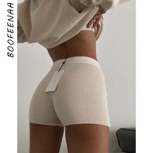 BOOFEENAA Solid Color Ribbed Knit Casual Shorts for Women High Waisted Sweat Shorts Woman Clothes Summer 2020 Dropship C66-AI15