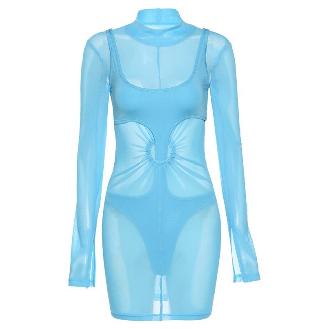 BOOFEENAA Sexy Blue Sheer Mesh Dresses 2021 Two Piece Club Outfits for Women See Through Long Sleeve Bodycon Mini Dress C96-CD20