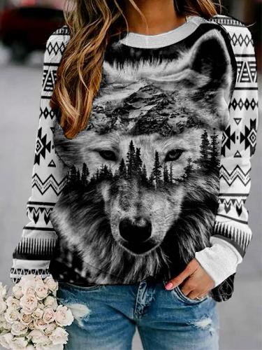 Ladies Western National Wind Wolf Animal Print Sweatshirt
