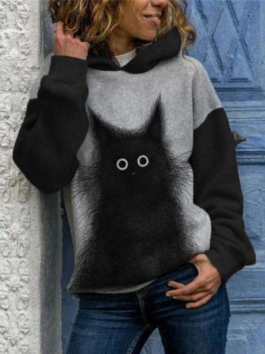 Women's Fall and Winter Cap Collar Cute Cat Print Casual Sweatshirt