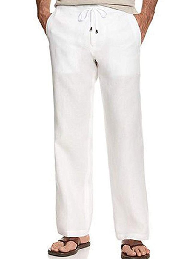 Men's Cotton and Linen Solid Elastic Waist Drawstring Pants