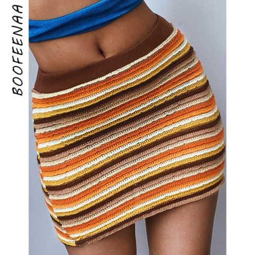 BOOFEENAA Cute Sexy Mini Skirts Womens 2021 Striped Knitted Low Waisted Tight Pencil Skirt Vintage Y2k Clothes C76-BE12