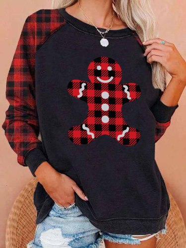 Women's Christmas Gingerbread Man Printed Plaid Sleeve Sweatshirt