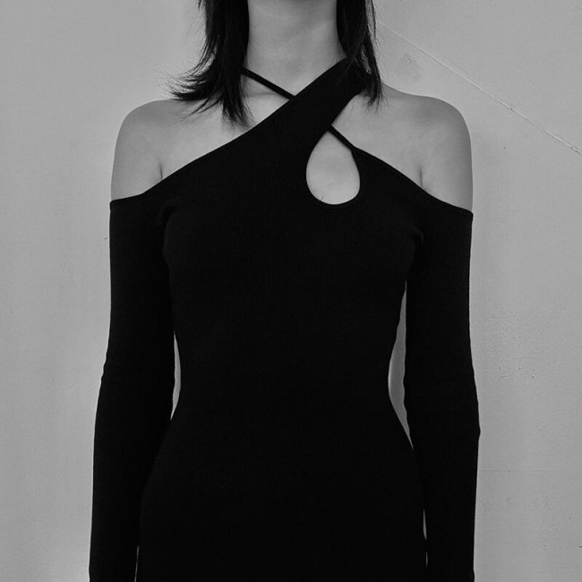 BOOFEENAA Sexy Black Bodycon Mini Dress 2021 Trend Fashion Women Irregular Cross Hollow Off Shoulder Long Sleeve Dress C33-CZ19